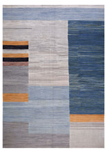 Load image into Gallery viewer, Blauw Tapijt Laagpolig Handgeweven Wollen Vloerkleed - Koho Afghan Modern Kelim 346x245