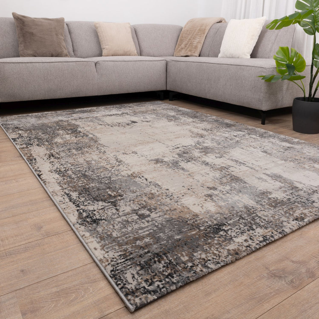 Grijs met Beige Tapijt Abstract Design Laagpolig Vloerkleed Koho Impressive