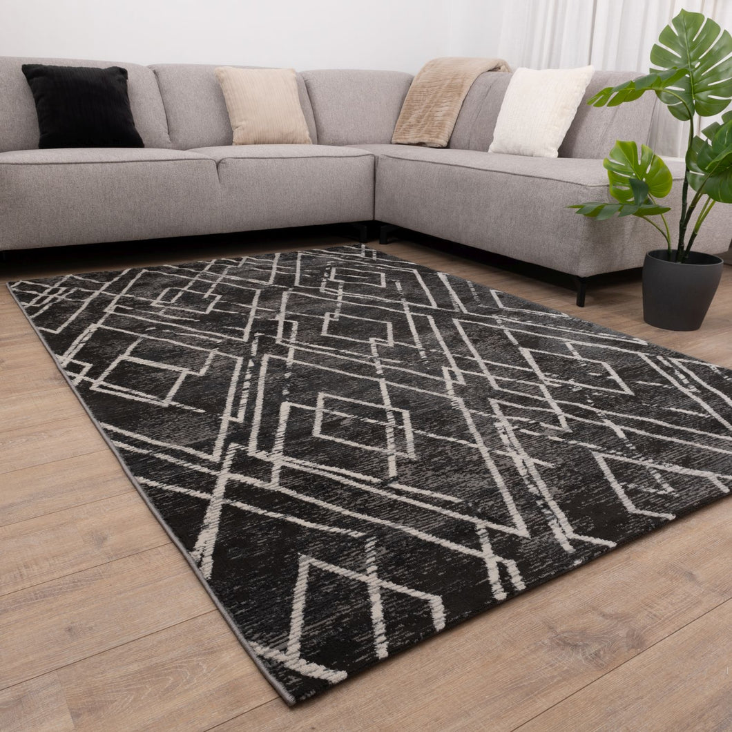 Zwart Tapijt Lijnen Design Laagpolig Vloerkleed Koho Impressive